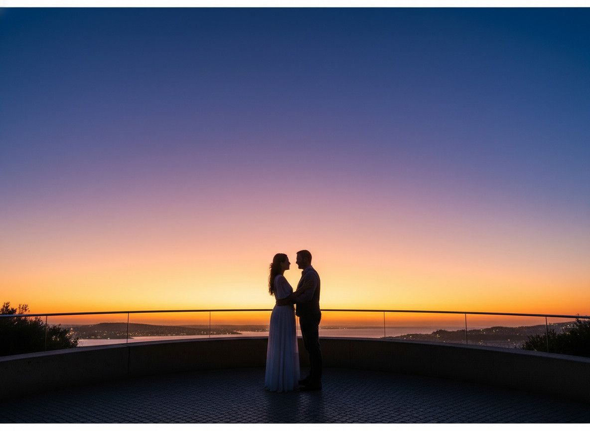 wide shot of a couple silhouetted against a vibrant sunset over Lisbon, taken from Miradouro da Senhora do Monte. The city lights are just beginning to twinkle.