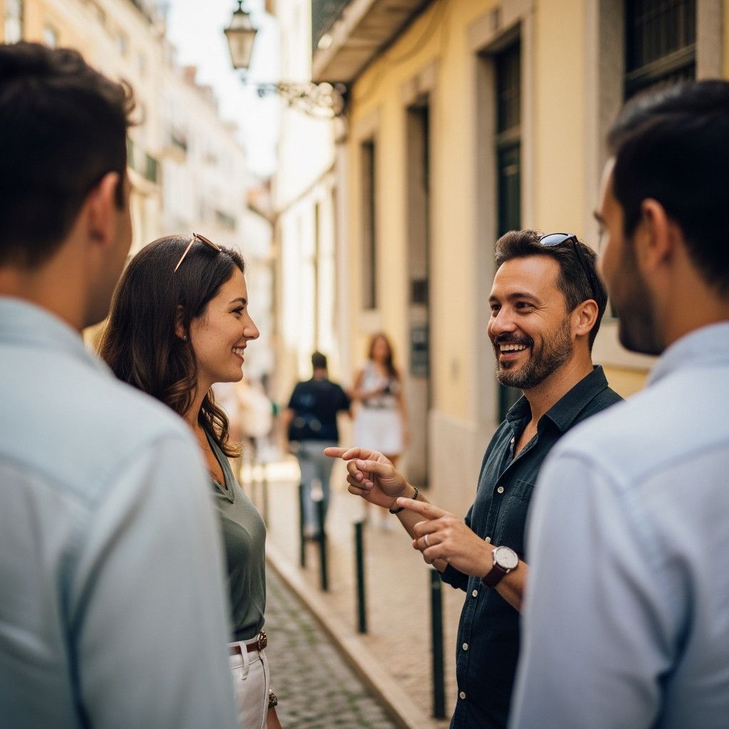 A behind-the-scenes shot of me interacting with a couple during a photoshoot. I am smiling and gesturing, and they are looking at me attentively. The setting should be a charming street in Lisbon.