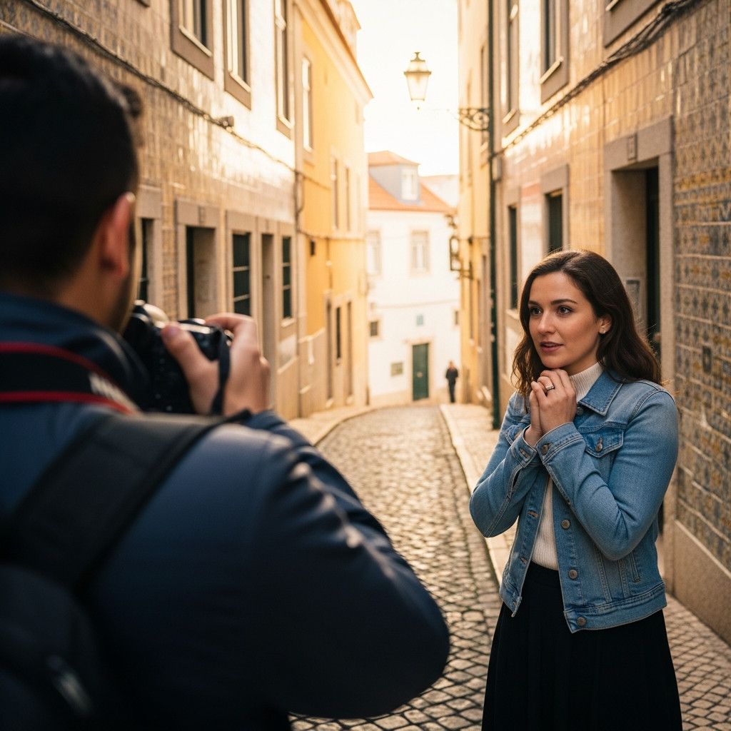 A behind-the-shoulder view of a photographer talking calmly to a woman who looks slightly nervous but is starting to relax. They are in a narrow, picturesque cobblestone street in Lisbon-s Alfama district, with morning light and colorful tiled walls.