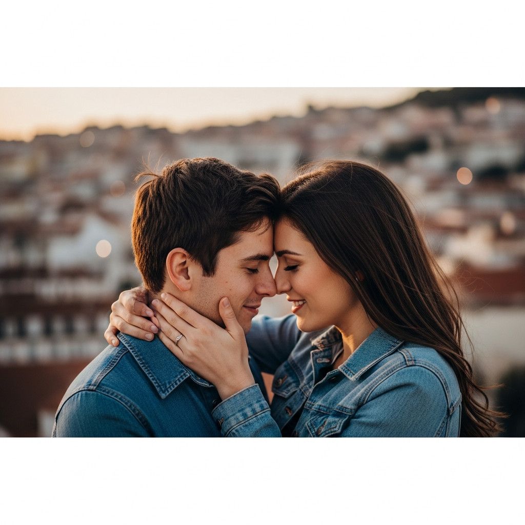 A black and white photo of a couple embracing intimately, their faces close together. The background is out of focus, possibly a Lisbon cityscape at dusk. The image conveys a sense of romance and closeness.