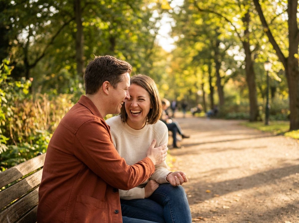 A candid, close-up shot of a couple laughing together, one person gently touching the other-s arm, with soft natural light. The focus is on their genuine interaction and smiles, not on a dramatic pose.