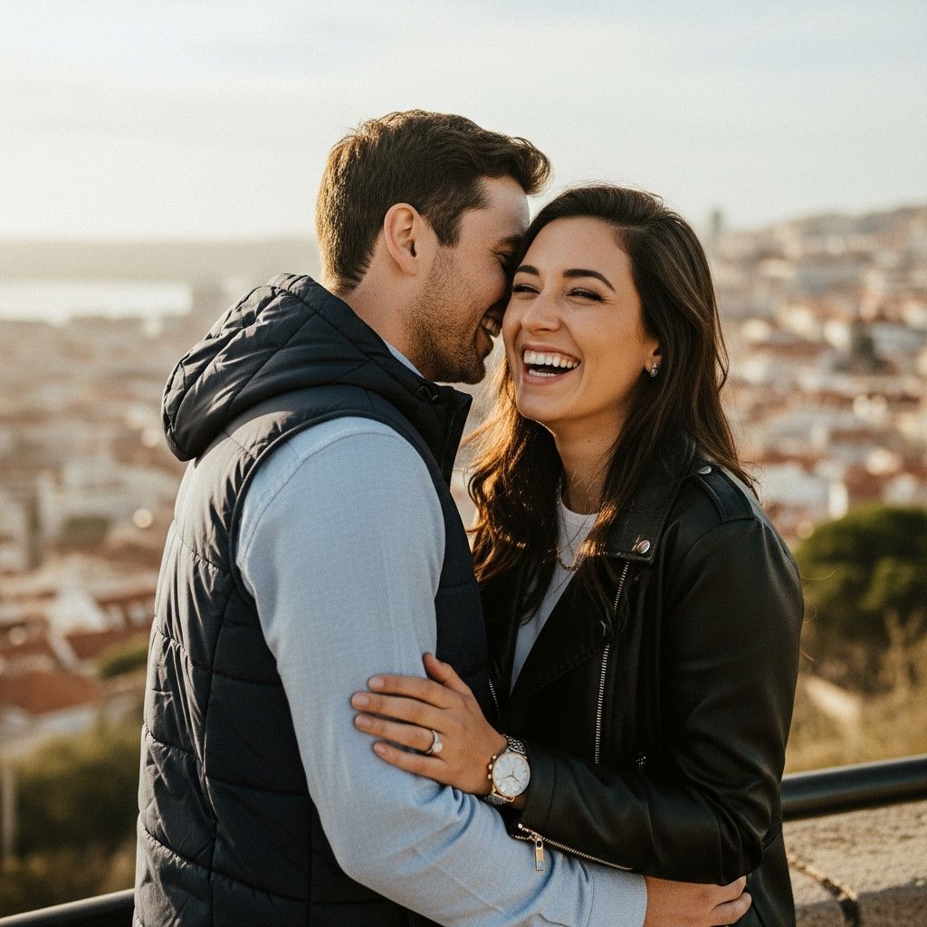 A candid lifestyle portrait of a couple laughing genuinely. The man is whispering something to the woman. They are standing on a scenic viewpoint (miradouro) in Lisbon, with the cityscape blurred in the background. The light is soft and golden.