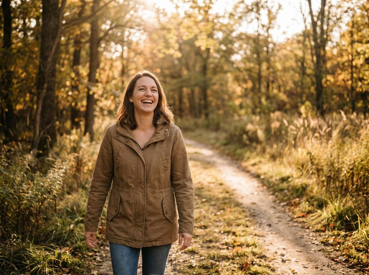 A candid, lifestyle shot of a person laughing softly while walking in a natural setting, with warm, inviting light. The focus is on the authentic emotion and relaxed body language, not on a direct pose.