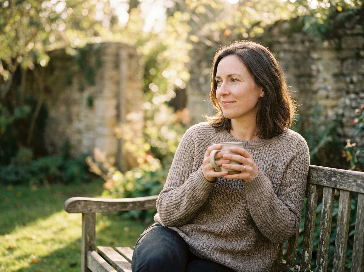A candid, medium shot of a woman in a thoughtful or relaxed pose, perhaps looking slightly off-camera, conveying a sense of inner peace and authenticity, taken in a soft, natural setting with gentle light.