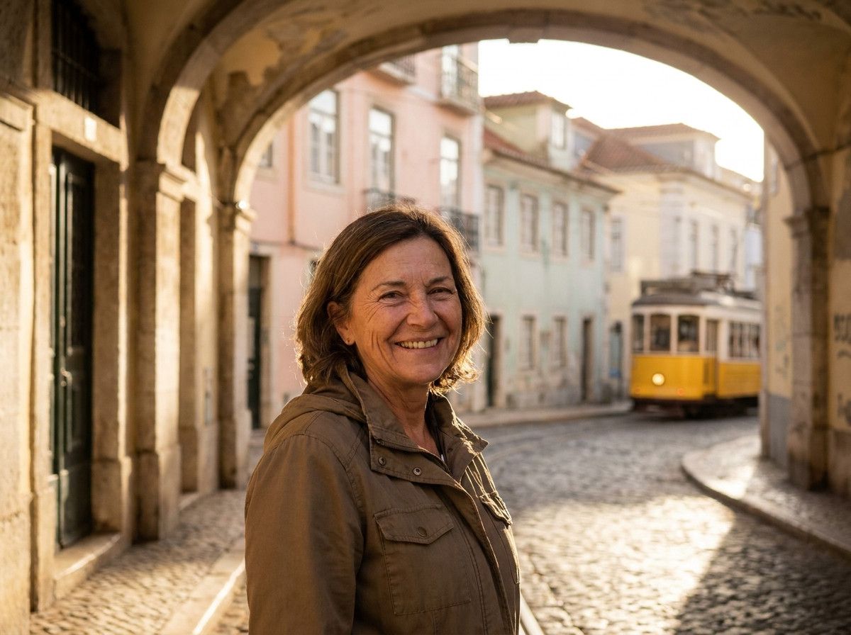 A candid moment of a person smiling warmly, caught in a beam of soft sunlight filtering through an archway in a historic Lisbon neighborhood, showcasing genuine emotion and the play of light and shadow.