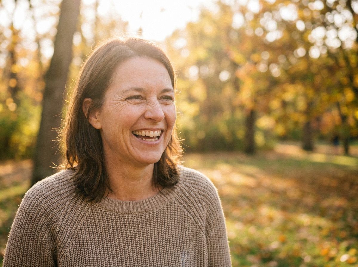 A candid, natural portrait of a person laughing outdoors, with soft natural light, conveying genuine emotion and comfort, not a posed studio shot.
