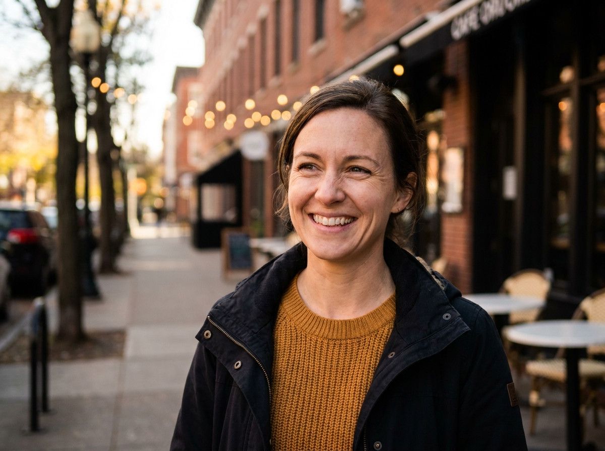 A candid, natural portrait of a person smiling genuinely, taken outdoors in a city setting, with soft, flattering light. The person should appear relaxed and approachable, looking slightly off-camera, conveying a sense of authentic personality. No specifi