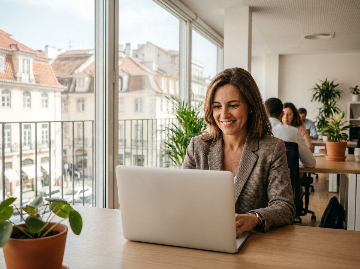 A candid, natural portrait of a professional woman in a modern, light-filled office setting in Lisbon, looking confident and approachable while working on a laptop. The focus is on her genuine expression and the professional but relaxed atmosphere.