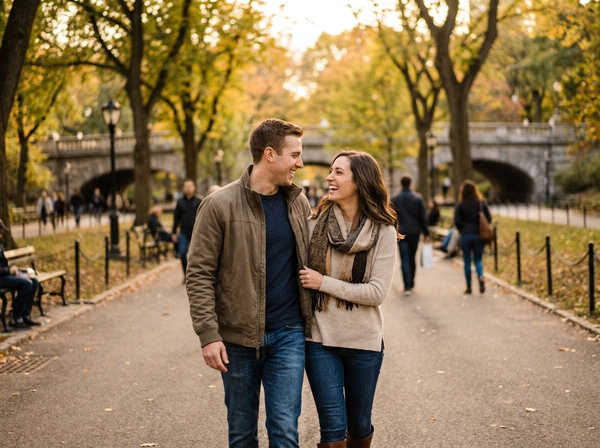 A candid, natural photo of a couple walking together, slightly blurred in motion, laughing and looking at each other. The background is a soft, out-of-focus city park. The subjects are dressed in comfortable, stylish casual wear.
