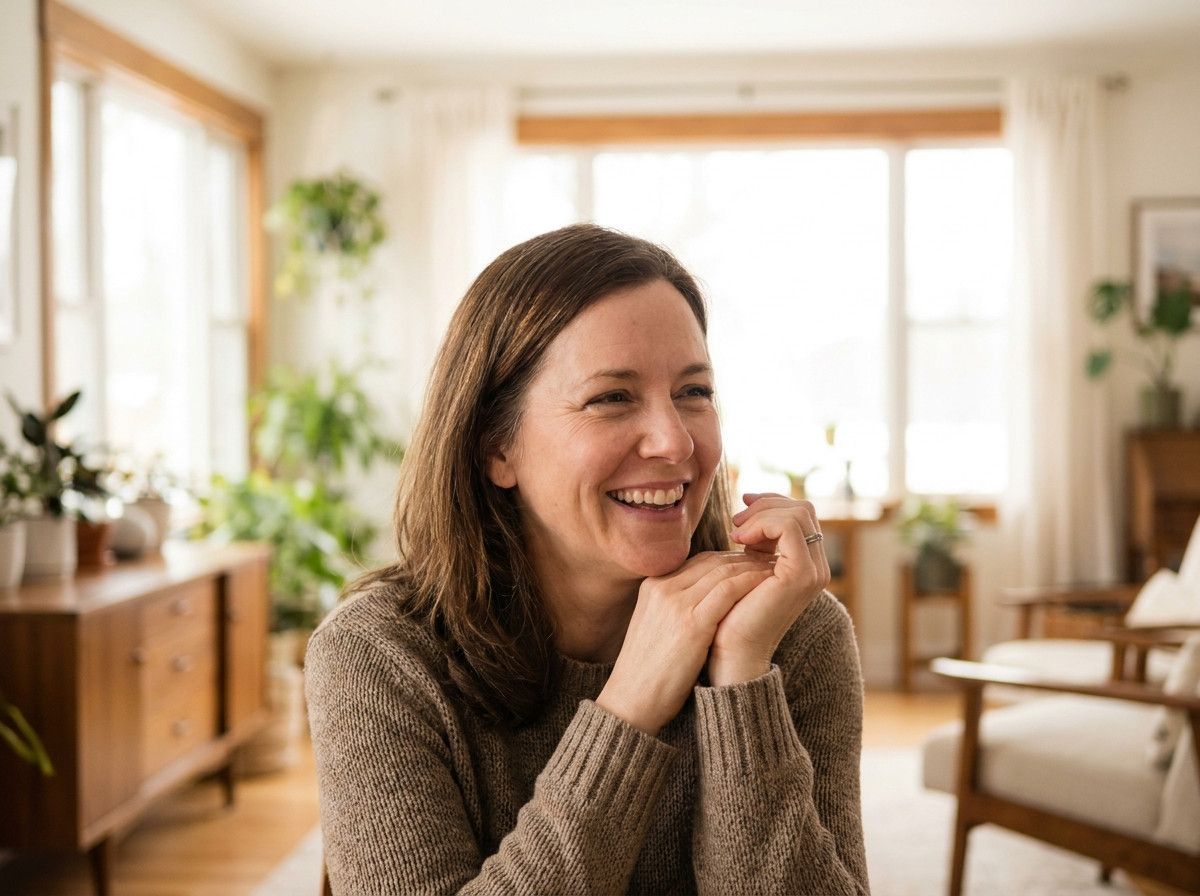 A candid, natural portrait of a woman laughing softly, looking slightly away from the camera. Her hands are relaxed, possibly near her face or gently clasped. The setting is a bright, airy indoor space, with soft, diffused light, emphasizing genuine emoti