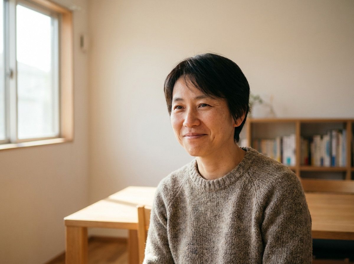 A candid, natural portrait of a person who initially appears a little hesitant but is starting to relax and smile subtly, with soft, natural lighting. The setting is simple and uncluttered, focusing on the person-s expression of growing comfort.