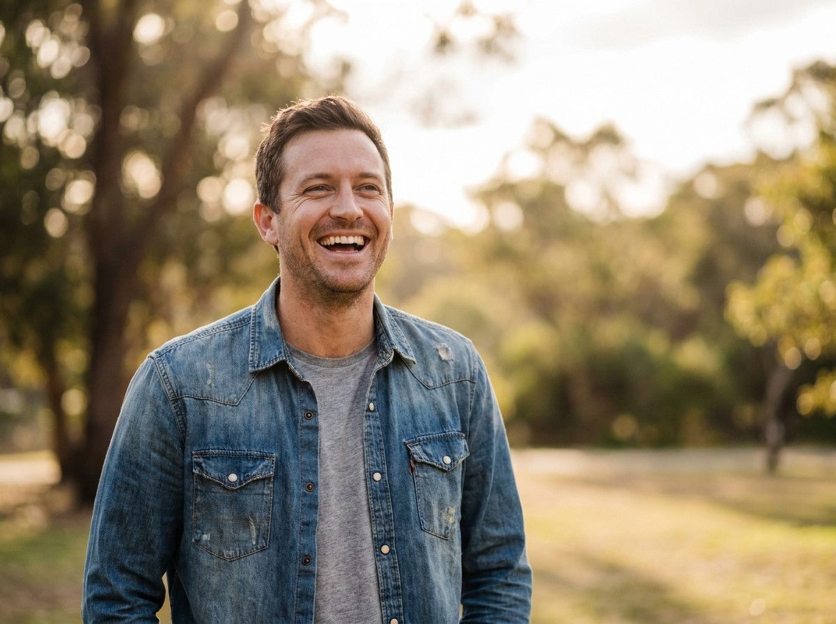 A candid, natural portrait of a man in his late 30s, wearing comfortable, layered casual clothing (e.g., a simple t-shirt under an open denim shirt), laughing genuinely or smiling warmly, captured in a soft, diffused outdoor light setting, reflecting an e