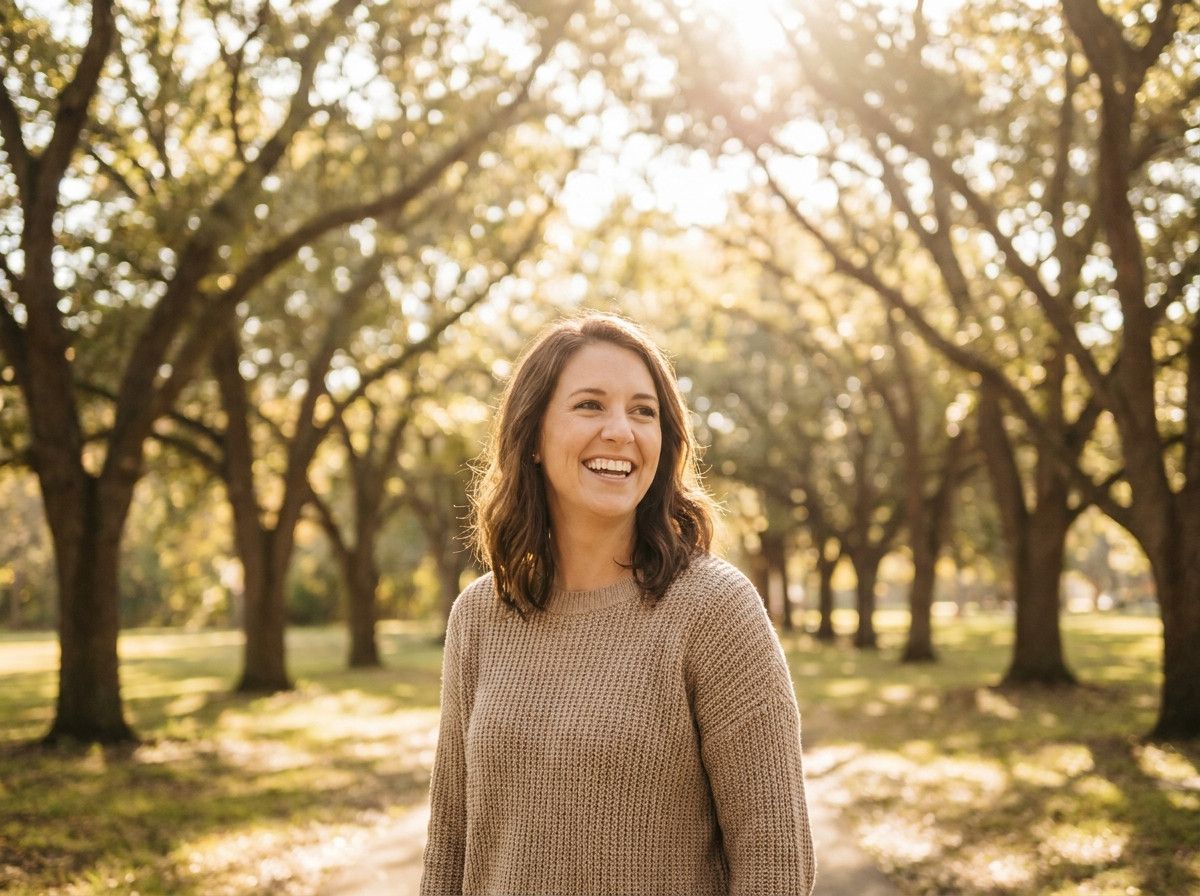 A candid, natural light portrait of a woman smiling genuinely, with soft, dappled sunlight filtering through trees in the background. She is casually dressed and looks at ease.