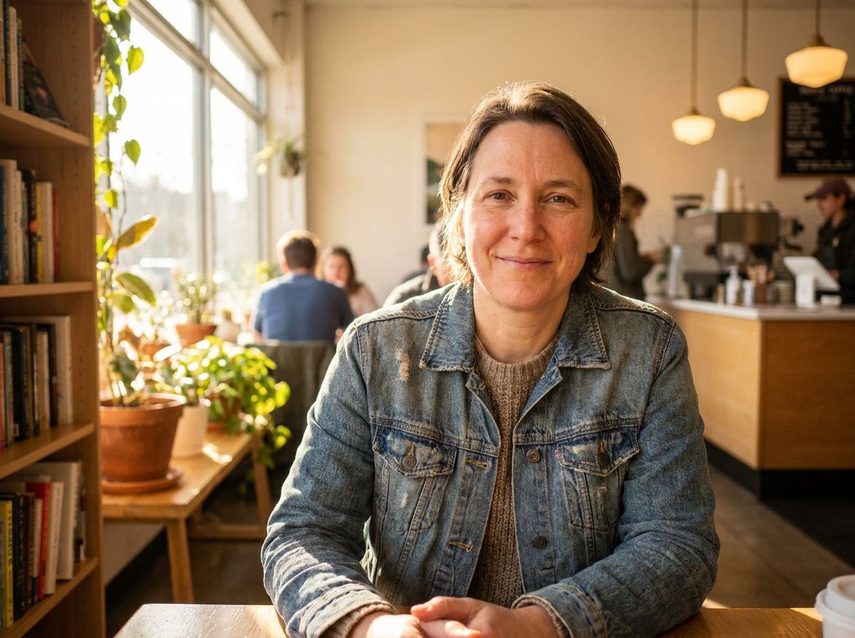 A candid, natural portrait of a person smiling gently and looking approachable, with soft, inviting lighting. The person is dressed casually in a way that reflects their personality.