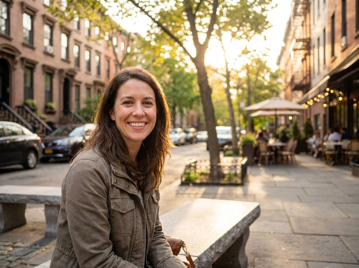 A candid, natural portrait of a person in their late 20s to early 40s, smiling genuinely and looking relaxed, taken outdoors in soft, natural light, conveying approachability and authenticity. The setting is a pleasant urban environment, not overly posed.