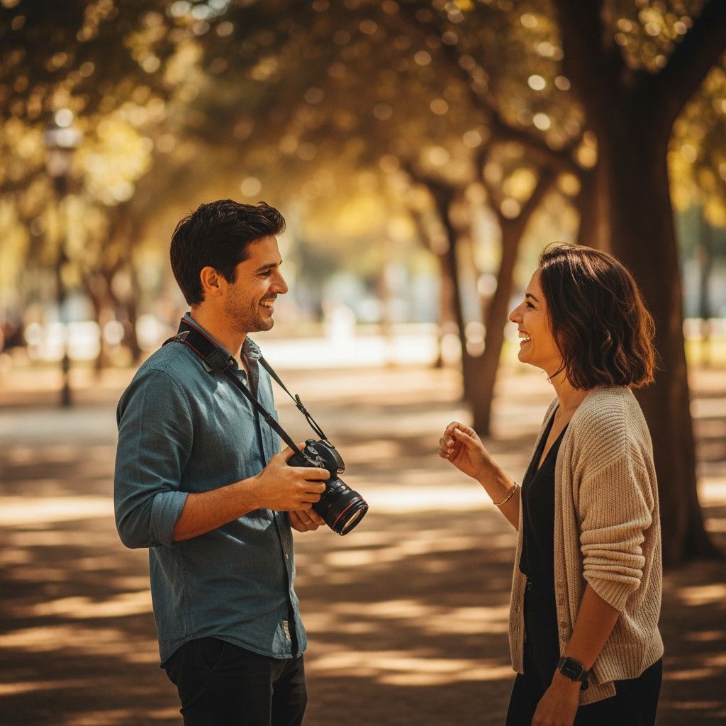 A candid shot of a photographer interacting with their client, both smiling and relaxed in a shaded area of a Lisbon park.