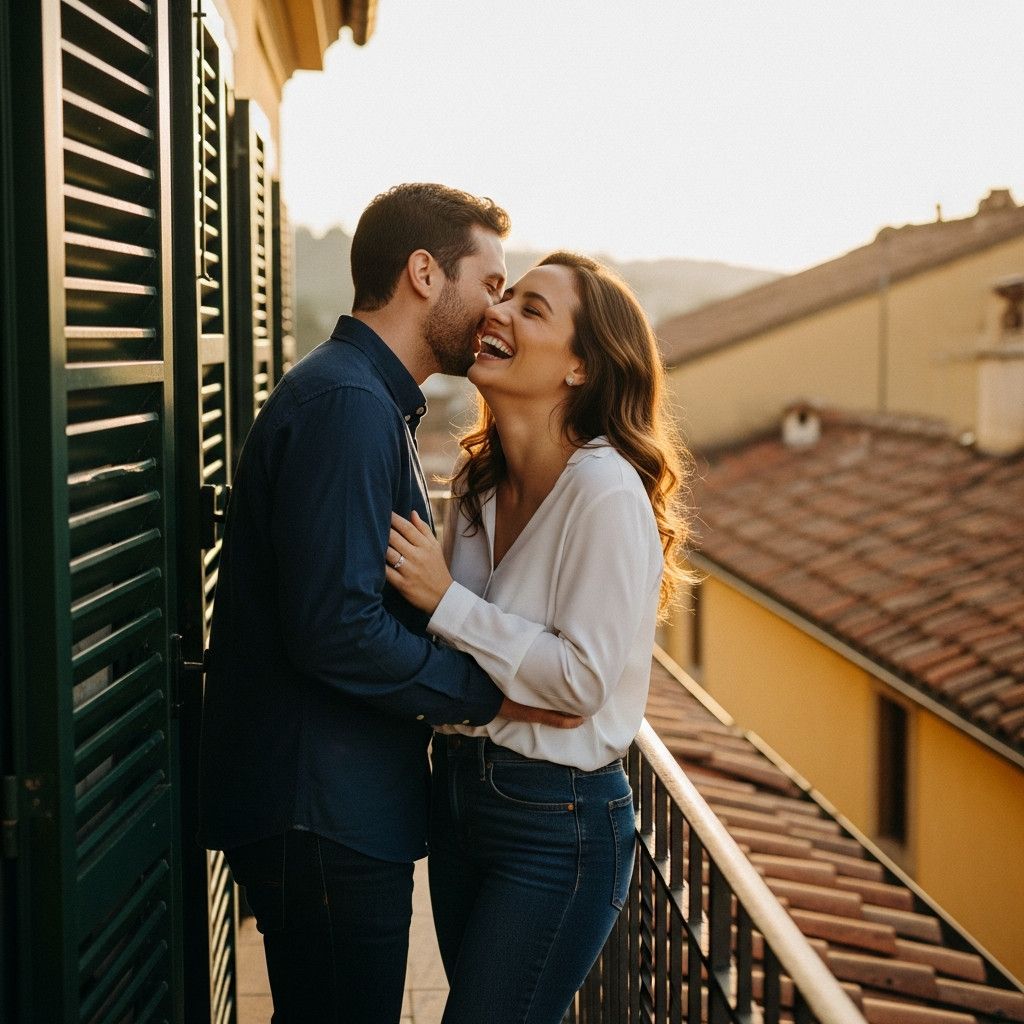 A candid shot of a couple sharing a genuine laugh on a quiet, sunlit balcony overlooking terracotta roofs. He is whispering something to her, and she is laughing with her head tilted back. The light is warm and golden.