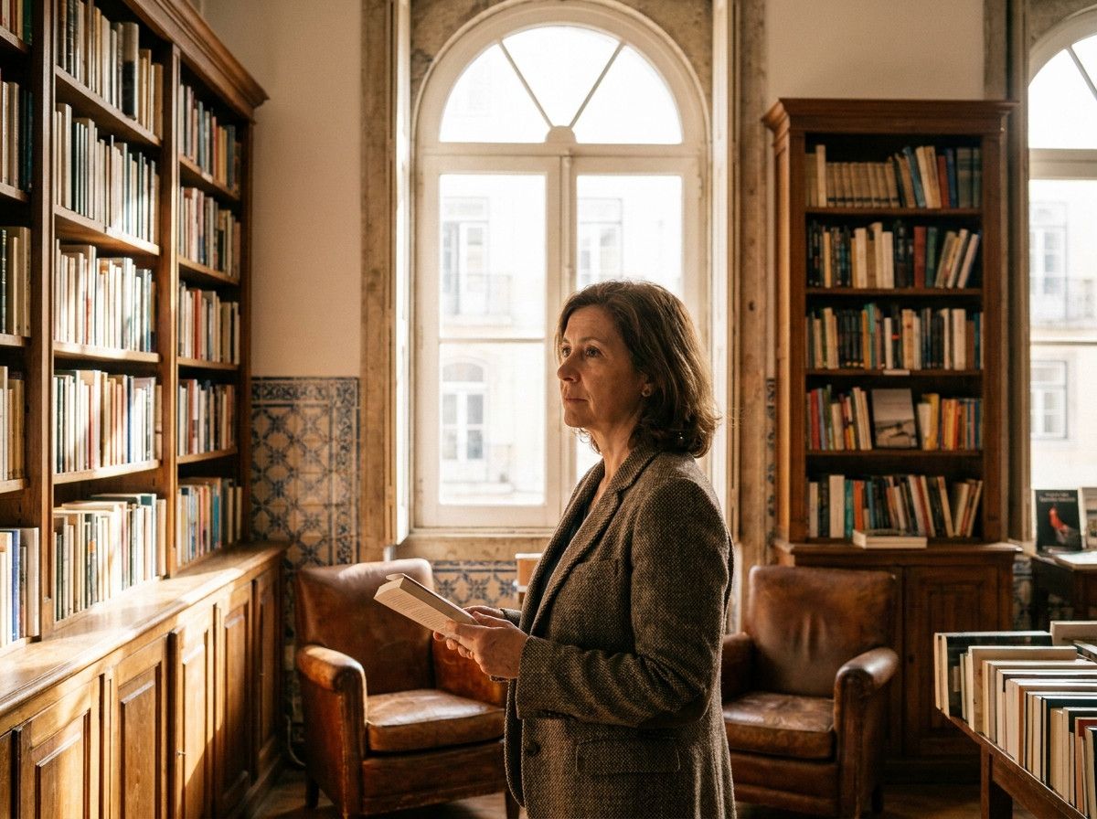 A candid shot of an author in a historic Lisbon bookstore, perhaps holding a book or looking thoughtfully at shelves, with warm, natural light filtering in. The focus is on the intellectual atmosphere and the subject-s contemplative expression.