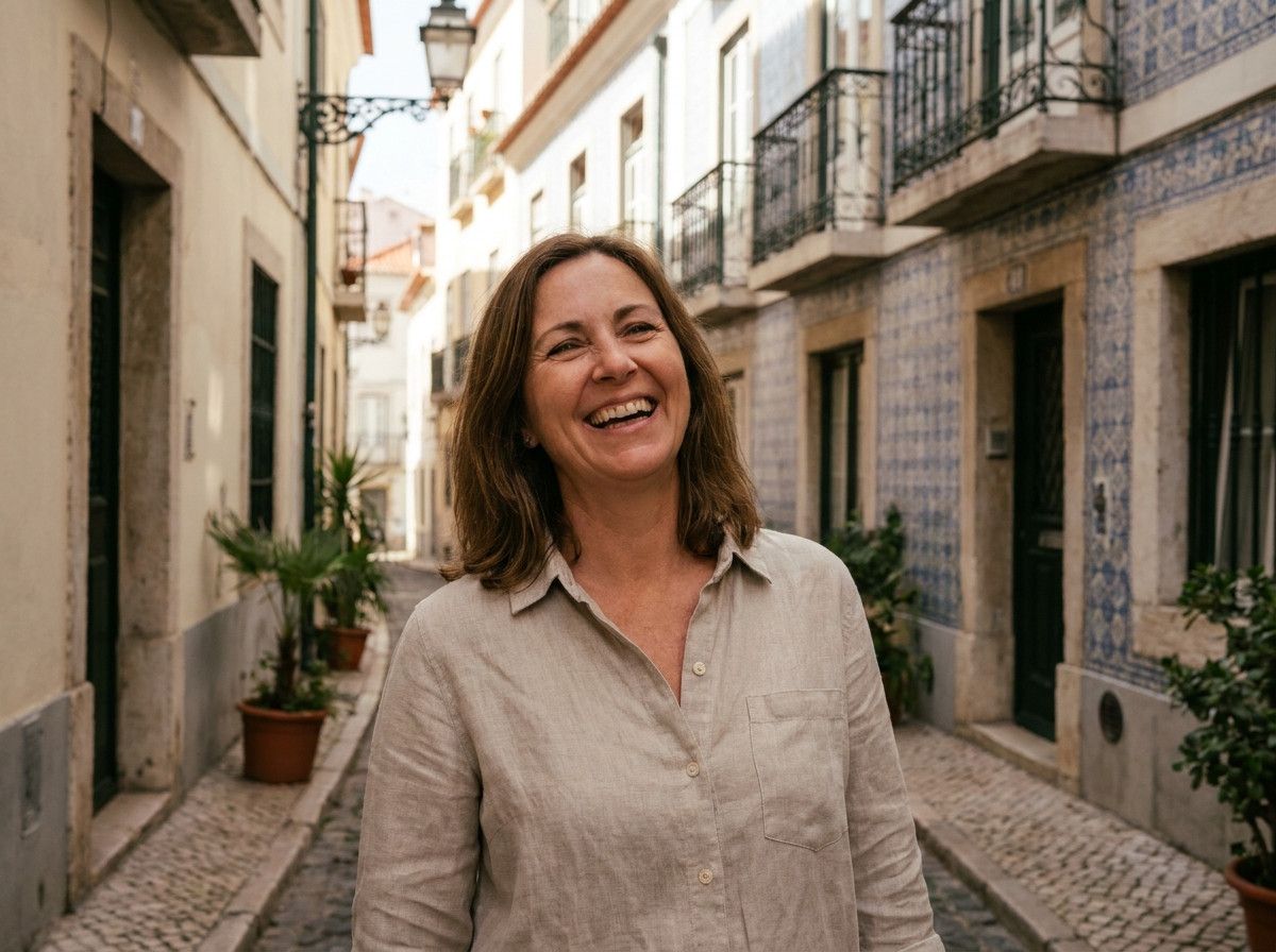 A candid shot of a person laughing genuinely in a shaded alleyway in Lisbon during midday, with soft, even light illuminating their face despite the bright sun overhead. The background shows traditional tiled buildings with subtle highlights.
