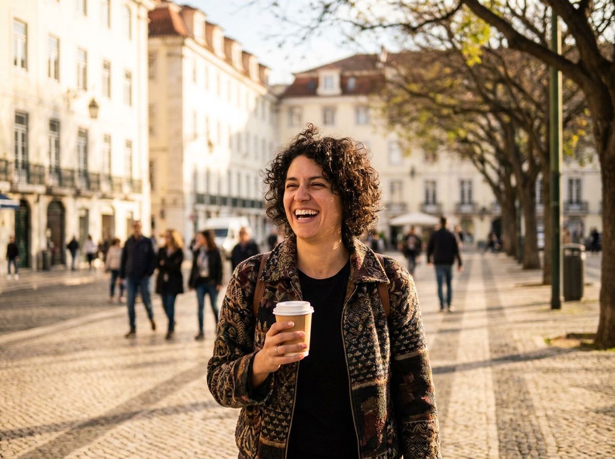 A candid-style portrait of a person (25-40 years old, diverse ethnicity) genuinely laughing or smiling, perhaps holding a coffee cup or walking in a park in Lisbon. The background is a lively but not distracting outdoor setting, conveying a sense of ease 