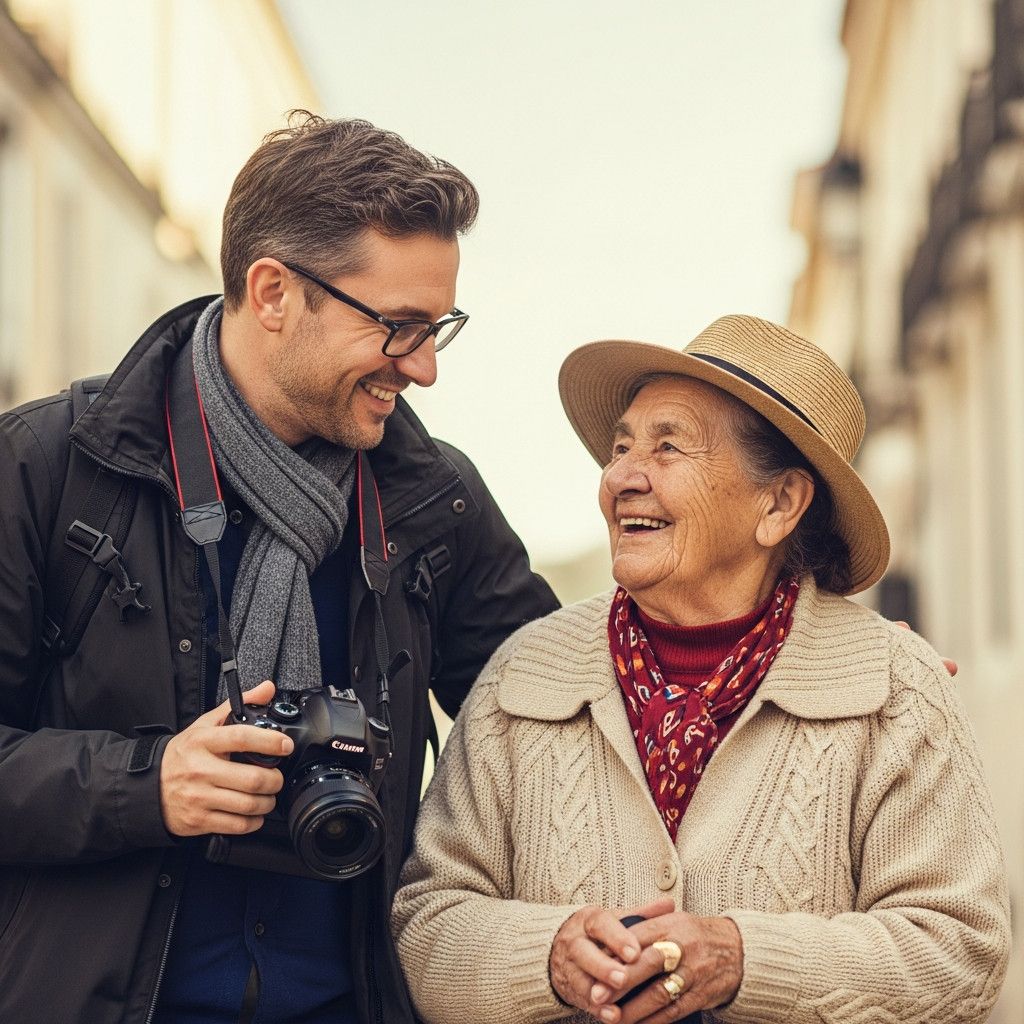 A close-up shot of a photographer interacting with a local elderly person in Lisbon, both smiling. The photographer is holding a camera but not actively taking a photo in that moment. The focus is on the human connection.