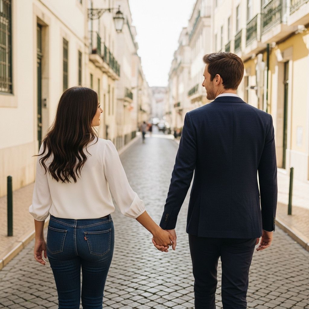 A close-up shot of a couple holding hands, walking away from the camera on a cobblestone street in Lisbon. The focus is on their intertwined hands, suggesting intimacy and connection. Soft, natural light.