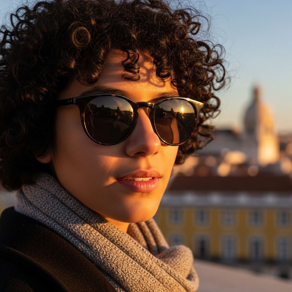 a close-up shot of a person-s face during golden hour in Lisbon, with soft, warm light highlighting their features. The background is blurred, showing a glimpse of Lisbon-s architecture.