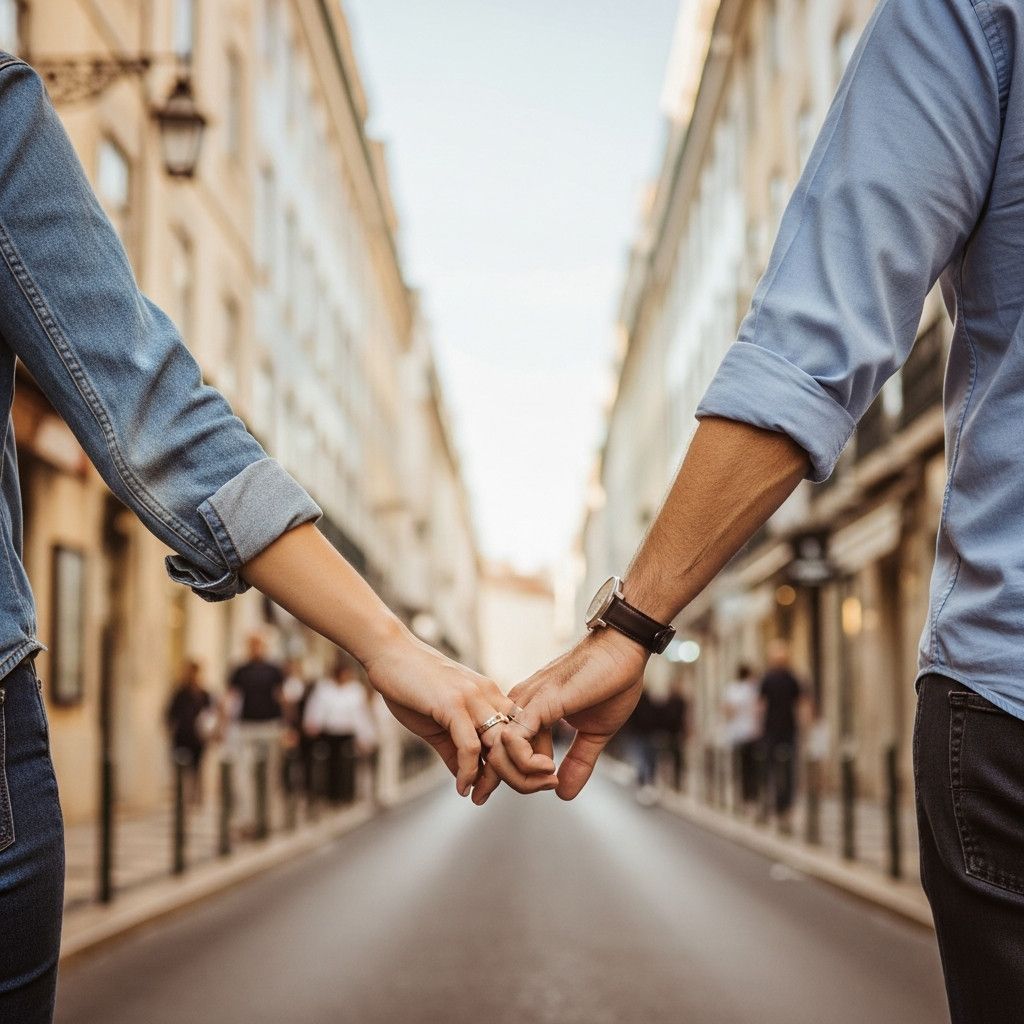 A close-up, candid shot of a couple walking hand-in-hand through a busy Lisbon street. Focus on their hands and the slight intertwining of fingers. The background should be slightly blurred.