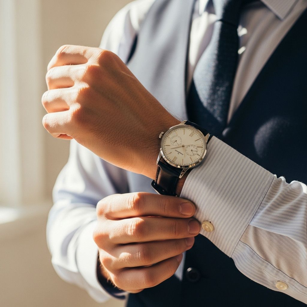 A close-up shot focusing on a man-s hands. He is adjusting the cuff of his shirt, revealing a classic, elegant wristwatch. The lighting is soft and natural, highlighting the texture of the shirt fabric and the details of the watch.