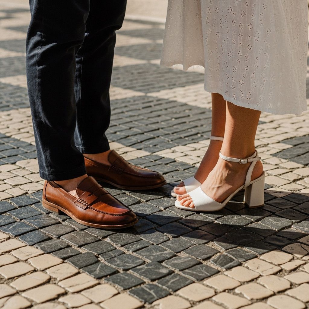 A close-up, detailed shot of a couple-s footwear on Lisbon-s iconic black and white cobblestone pavement. One person wears stylish leather loafers, the other wears elegant block-heeled sandals. The image conveys style and practicality.