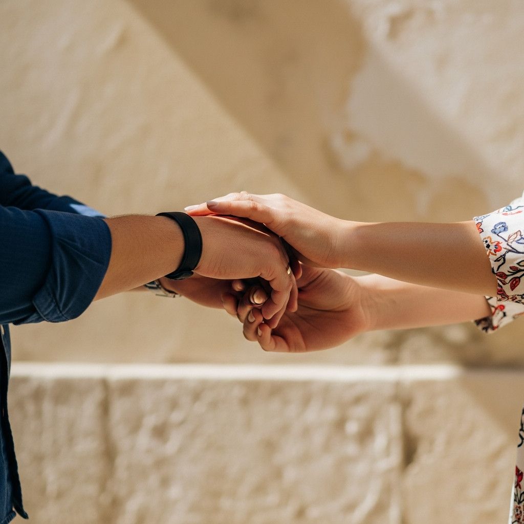 A close-up, detailed shot of a couple-s hands gently clasped. One hand rests on the other-s wrist. The background is a textured, sun-warmed wall, typical of Lisbon-s old buildings, blurred softly.