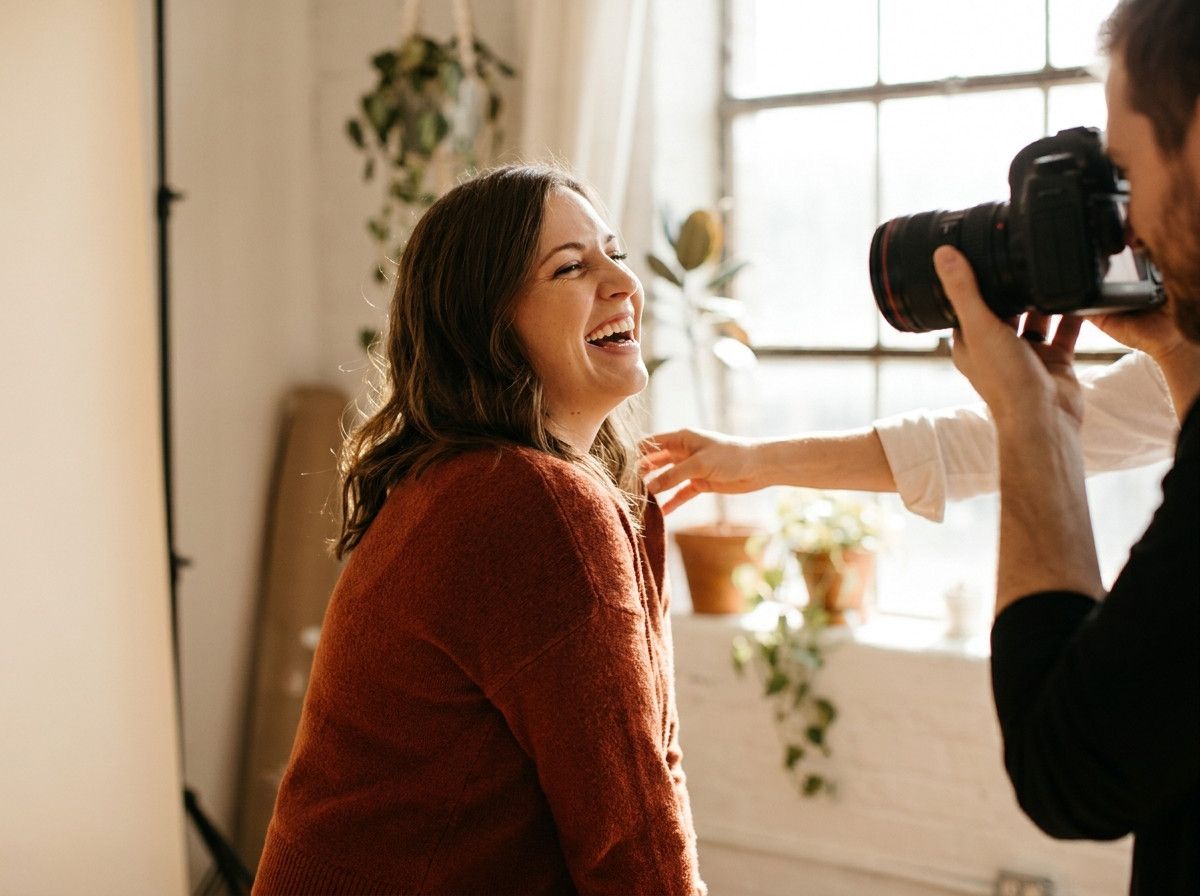 A close-up shot of a person laughing genuinely during a photoshoot, with a photographer-s hand subtly adjusting their posture in the background, showing natural comfort.