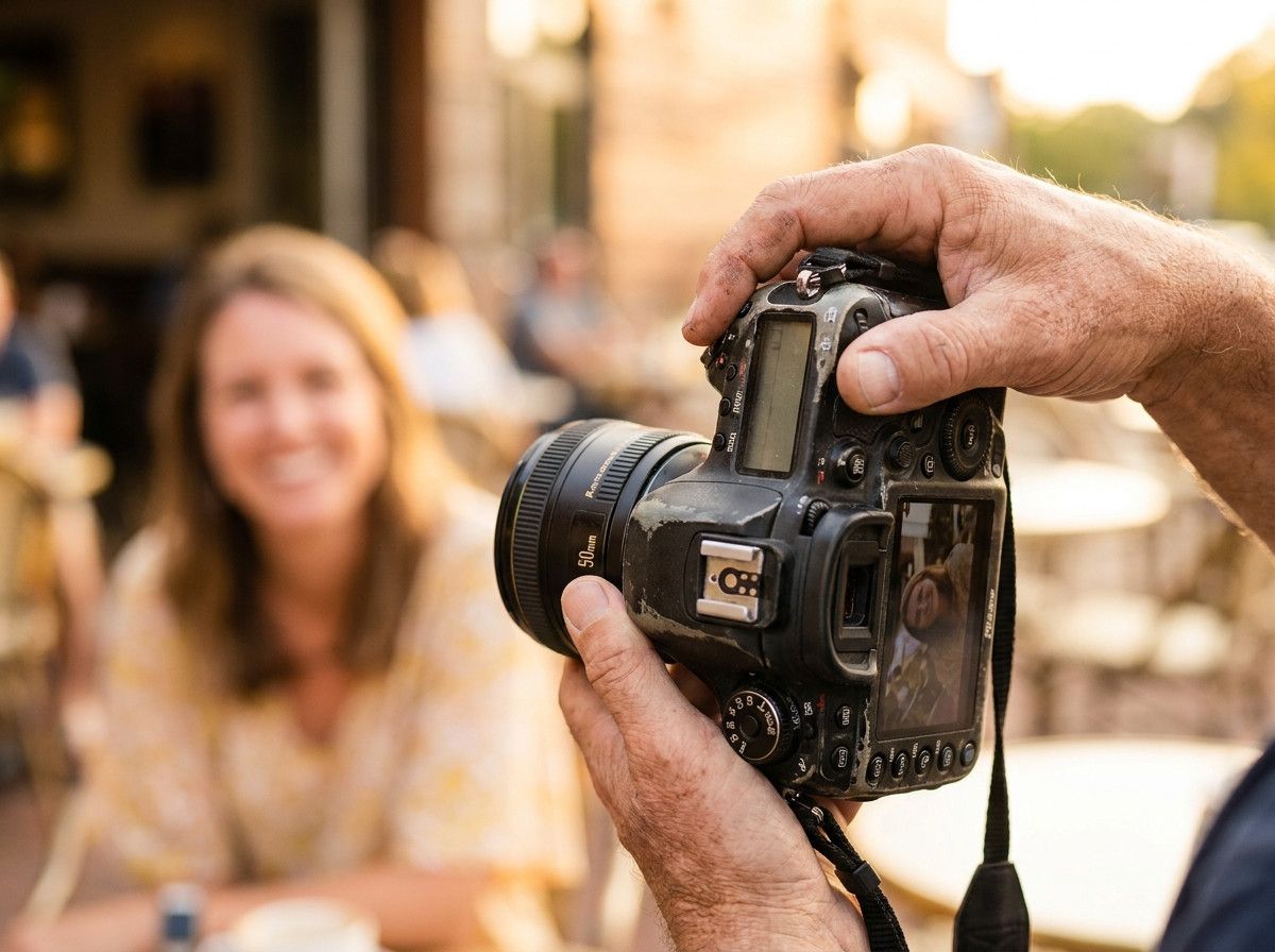 A close-up shot of a photographer-s hands holding a camera, with a soft-focus background of a client smiling, emphasizing the human connection and the craft of photography.