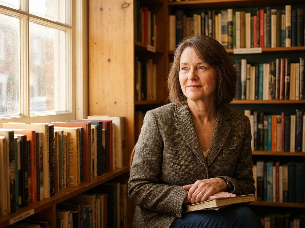A close-up, natural portrait of an author, perhaps with a subtle smile or thoughtful expression, taken in a sunlit corner of a library or bookstore, showing details of the books in the background. The mood is calm and reflective.