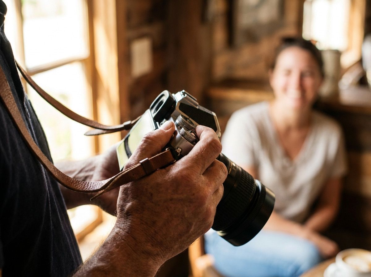 A close-up of a photographer-s hands adjusting camera settings, with a blurred background showing a relaxed subject smiling. Focus on the photographer-s skilled and deliberate actions.