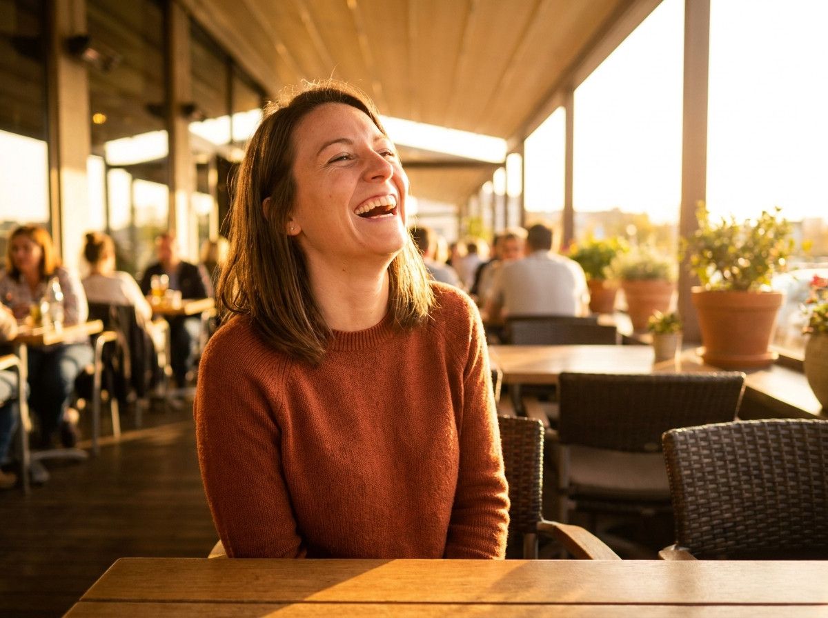 A close-up, soft-focus candid portrait of a woman laughing, with natural light highlighting her face. She looks relaxed and genuinely happy, almost as if unaware of the camera. The background is simple and unobtrusive.