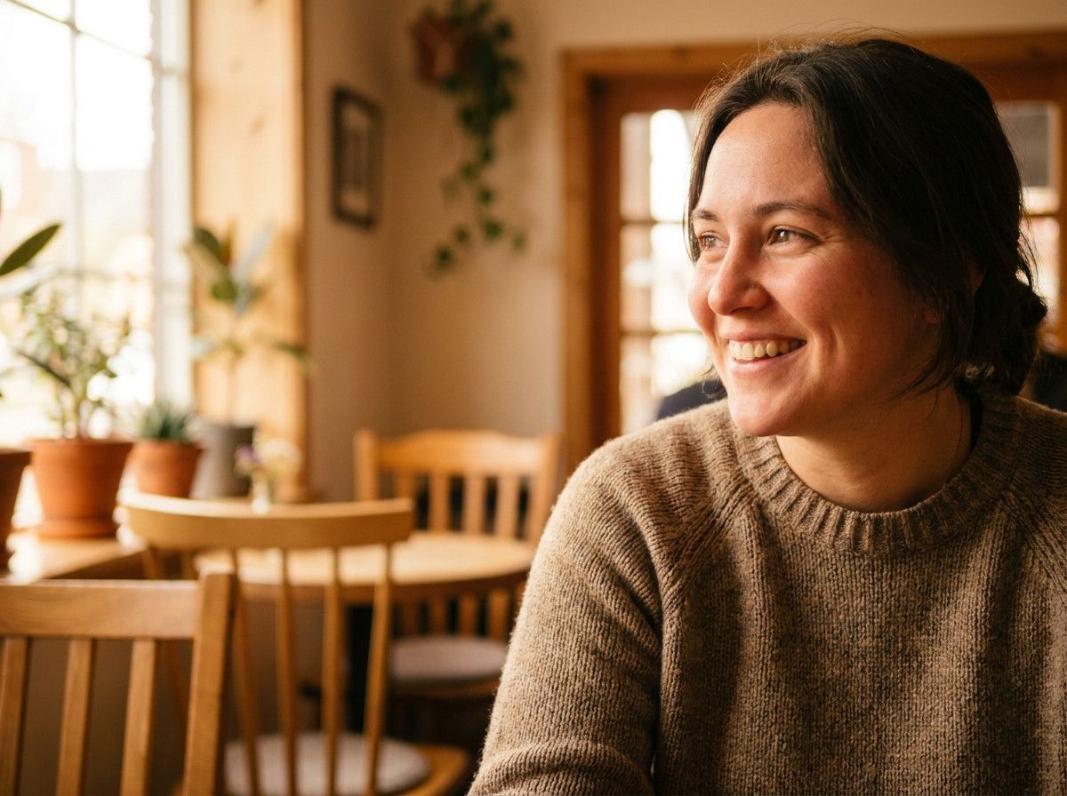 A close-up portrait of a person smiling genuinely, with a relaxed and open expression. The focus is on their eyes, conveying warmth and comfort. The background is softly blurred, keeping the attention on the natural emotion on their face.
