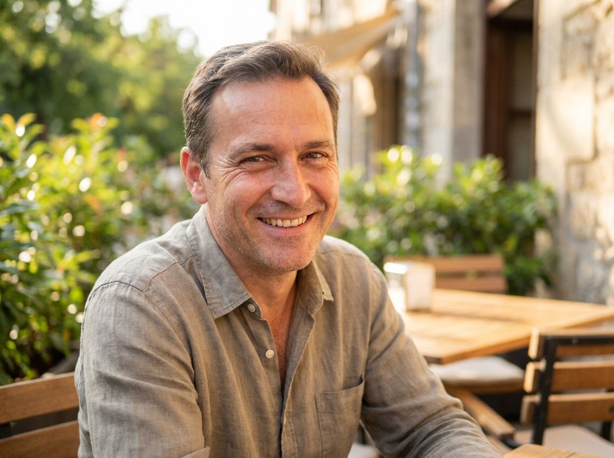 A close-up shot of a man-s face, showing a genuine, relaxed smile and comfortable gaze, with a blurred background suggesting a natural, lifestyle portrait setting. The lighting is soft and flattering.