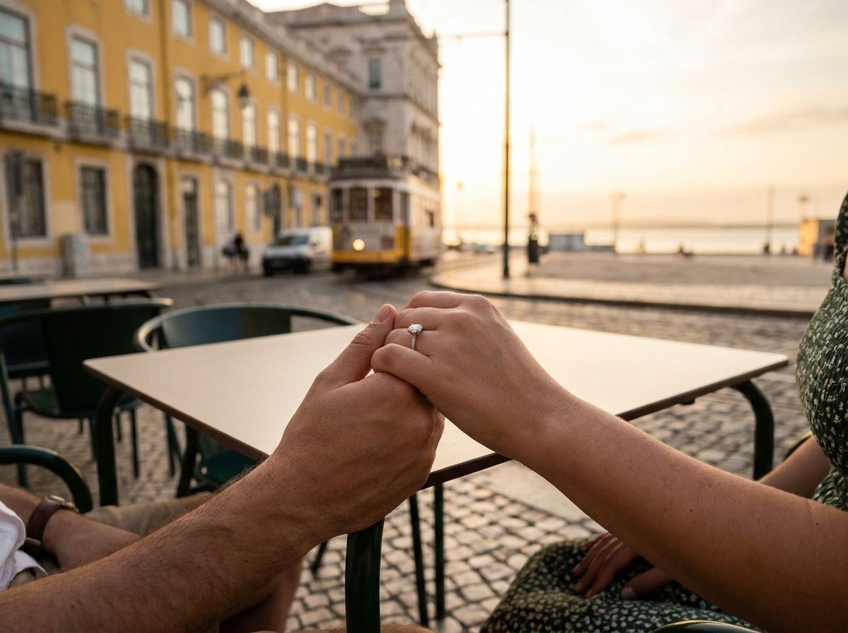 A close-up shot of an engaged couple-s hands intertwined, with an engagement ring visible, against a softly blurred, romantic Lisbon backdrop. The focus is on the intimacy and the symbol of their commitment.