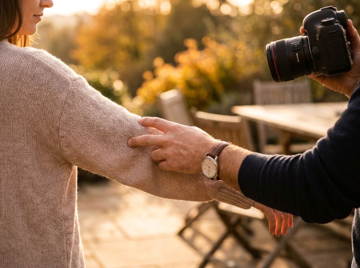 A close-up of a photographer-s hand gently guiding a client-s pose during a relaxed lifestyle portrait session, emphasizing comfort and natural interaction, without showing faces clearly.