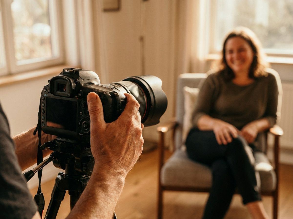 A close-up shot of a photographer-s hands adjusting a camera lens, with a soft-focused background showing a person smiling comfortably, suggesting a relaxed and professional interaction.