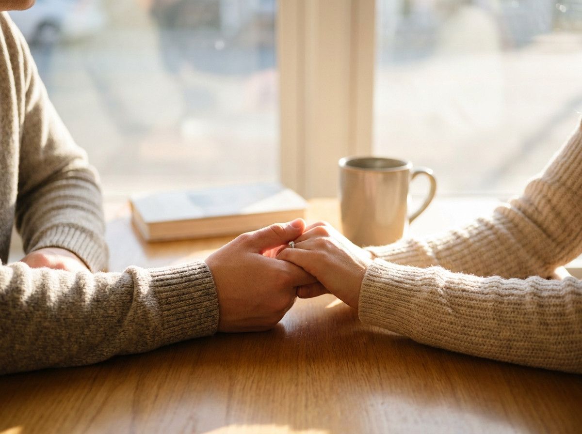A close-up shot of a couple-s hands intertwined, or a hand gently resting on a partner-s arm, conveying warmth and connection without showing faces. The lighting is soft and natural.