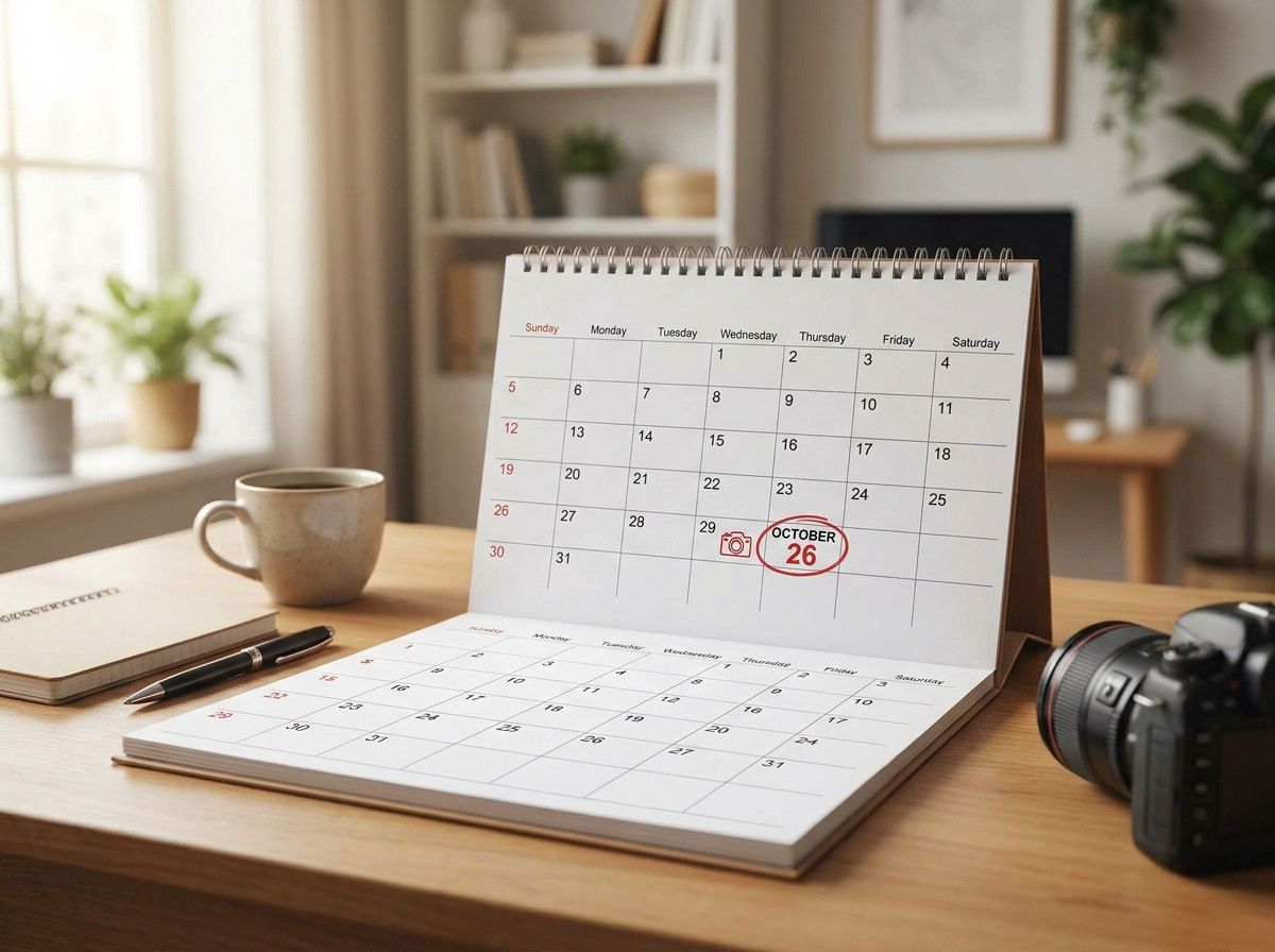 A close-up of a calendar with a specific date circled and marked with a small, elegant camera icon, implying a booked photoshoot. The background is softly blurred, suggesting planning and organization.
