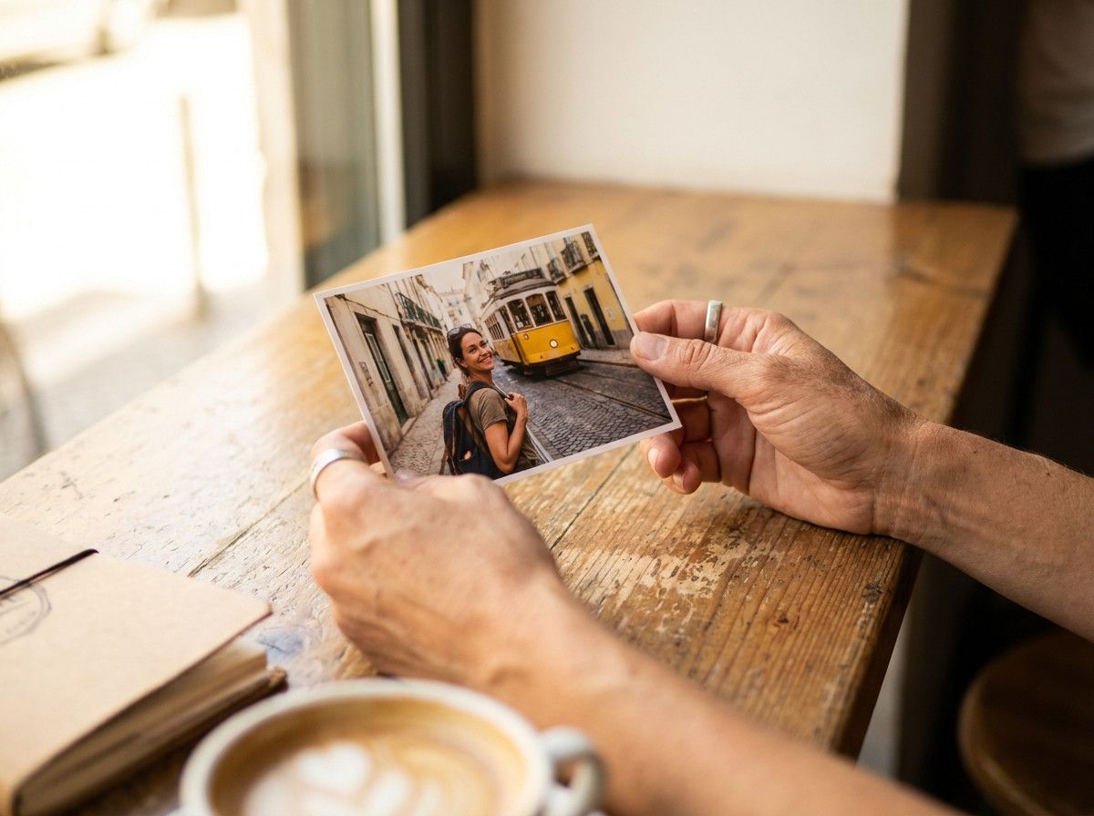A close-up of a solo female traveler-s hands holding a printed photograph from her Lisbon trip, showing her looking happy and relaxed in the city. The photo on the print evokes a sense of genuine joy and comfort from her travel experience.