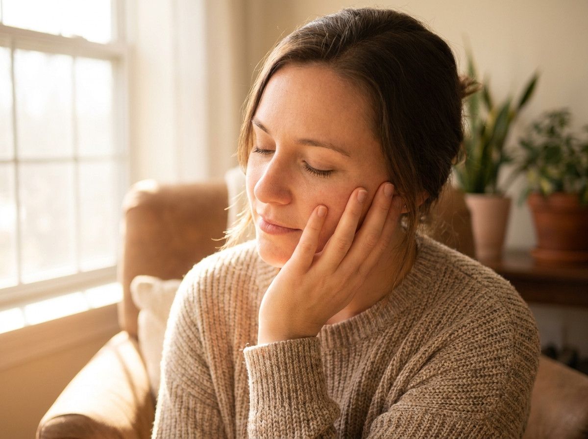 A close-up shot of a female client-s hand gently touching her face, with a soft, natural expression, illuminated by warm, diffused light. The focus is on intimacy and authenticity, conveying a sense of comfort and trust with the photographer.