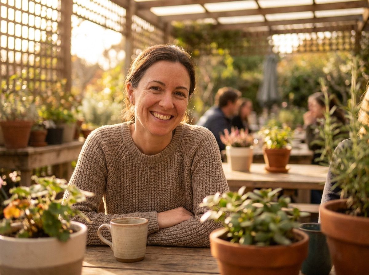 A close-up portrait of a woman with a genuine, relaxed smile, showing natural expression and warmth, in soft, natural light, conveying authenticity.