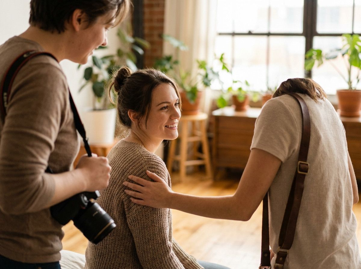 A close-up shot of a photographer-s hands gently guiding a client-s posture during a lifestyle photoshoot, emphasizing a calm and comfortable interaction. The client-s face should show a relaxed, natural expression, indicating ease and trust. The backgrou