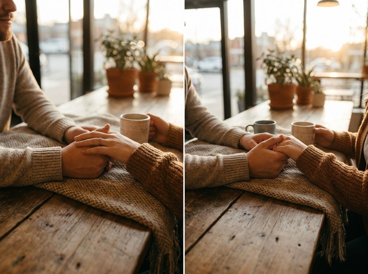 A close-up shot of a couple-s hands intertwined, resting casually on a textured surface, with soft, diffused lighting. The focus is on the intimate detail of their touch, conveying warmth and connection.