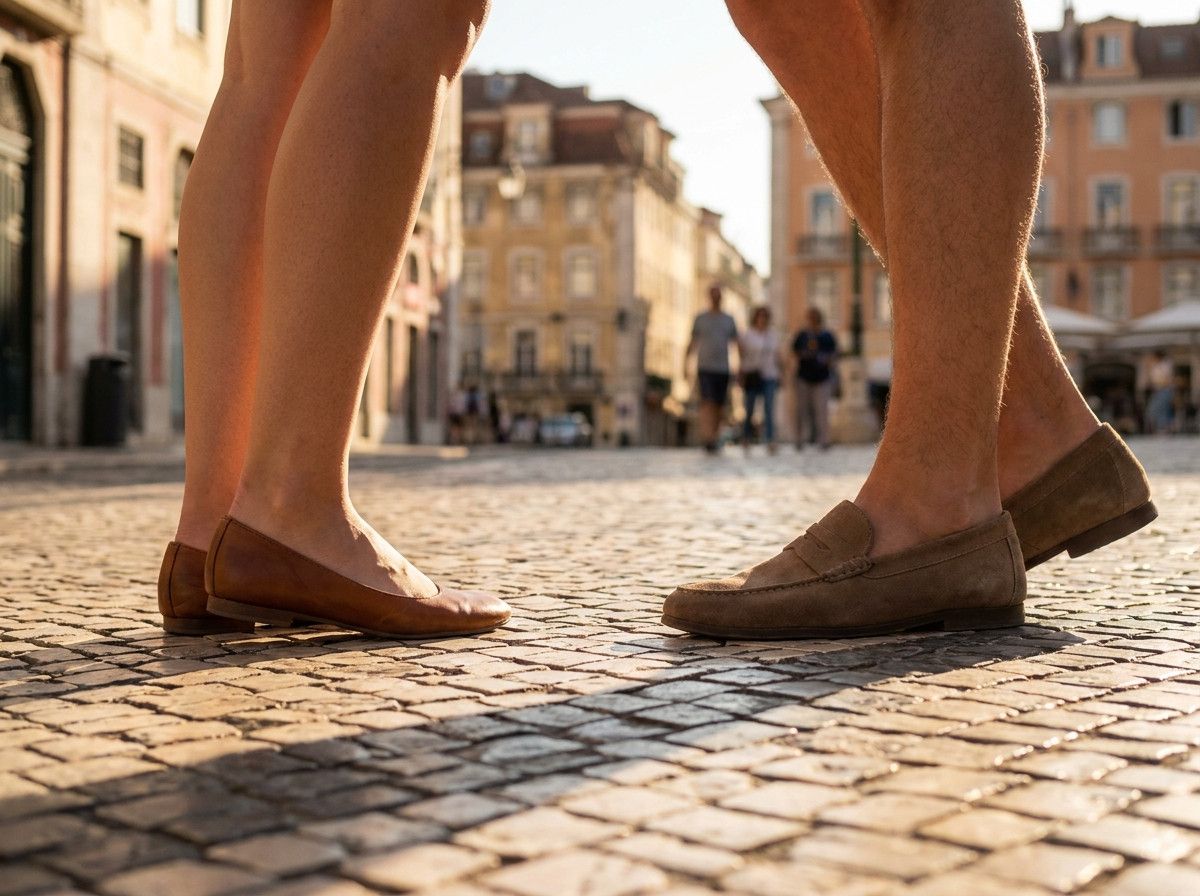 A close-up of a couple-s feet, one wearing stylish yet comfortable flat shoes and the other in smart loafers, walking on historic Portuguese cobblestones. The focus is on practical and elegant footwear for a photoshoot location.