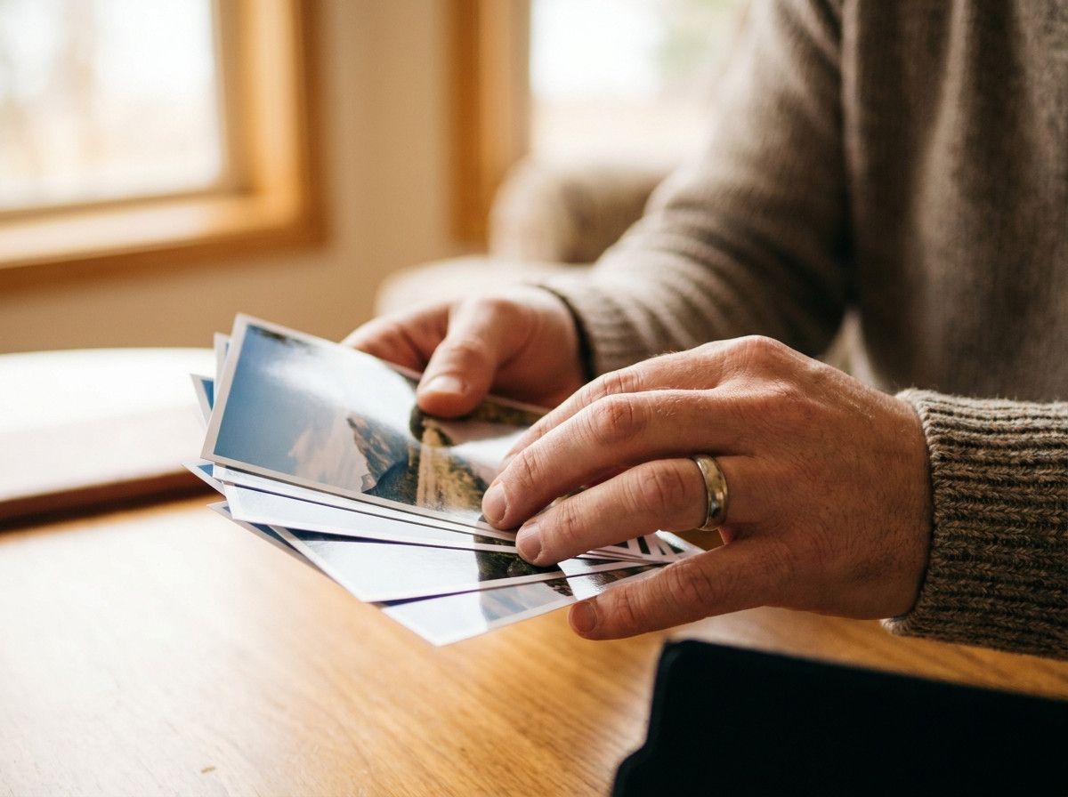 A close-up shot focusing on a person-s hands as they hold a small stack of freshly printed, high-quality photographs. The person-s face is out of focus in the background, conveying a sense of privacy and personal ownership of the images.